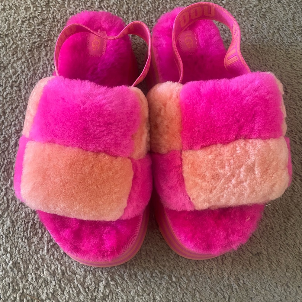 UGG multi color orange and pink platform slippers